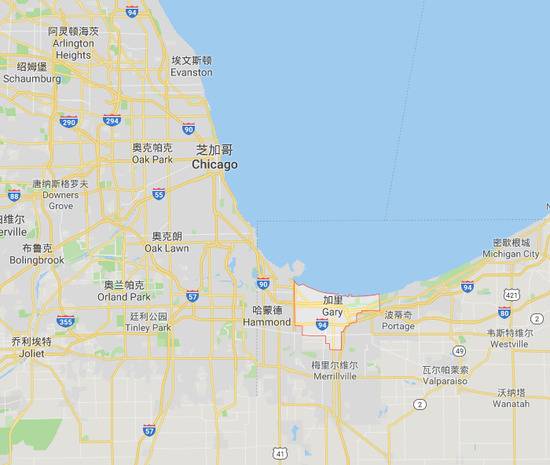 加里市位于芝加哥东南约40公里（谷歌地图）