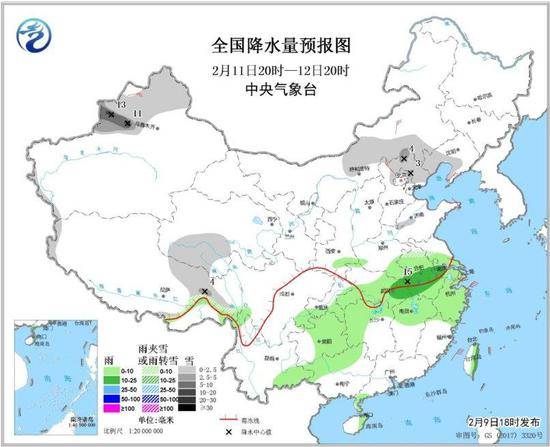 图4全国降水量预报图（2月11日20时-12日20时）。图片来源：中央气象台网站