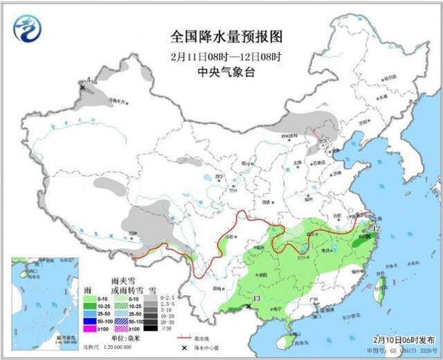 图2全国降水量预报图（2月11日08时-12日08时）