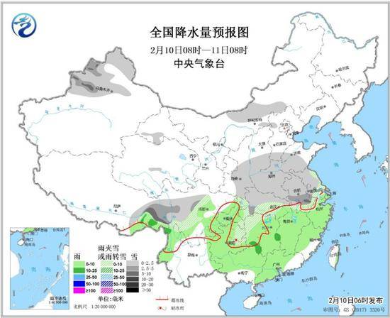 图1全国降水量预报图（2月10日08时-11日08时）