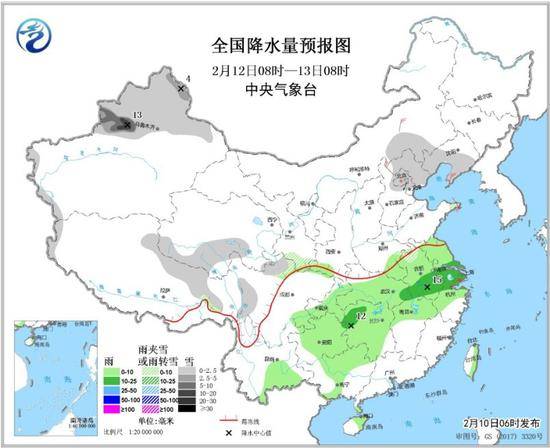 图3全国降水量预报图（2月12日08时-13日08时）