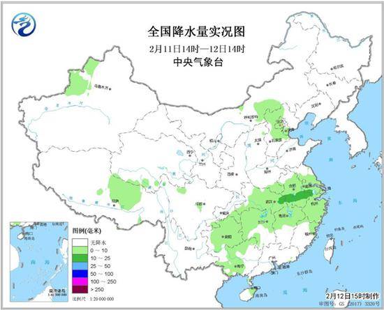 全国降水量实况图（2月11日14时—12日14时）来源中央气象台