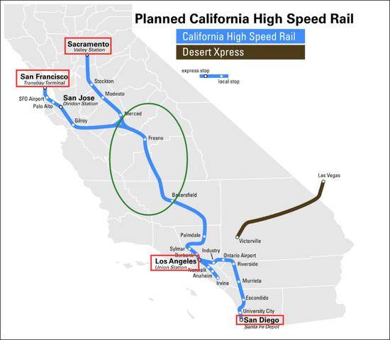 加州高铁项目，原图来自洛杉矶时报。注：红框中为原定计划连接的几大城市，绿色圆圈内是现任州长纽森削减项目后剩下的一小段。