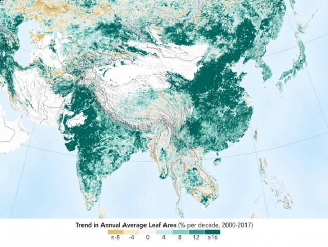 NASA供图，颜色深浅反映每10年植被平均增长率，绿色为正图自：NASA