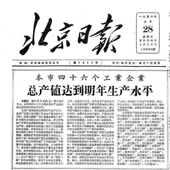一九五六年八月二十八日的《北京日报》头版