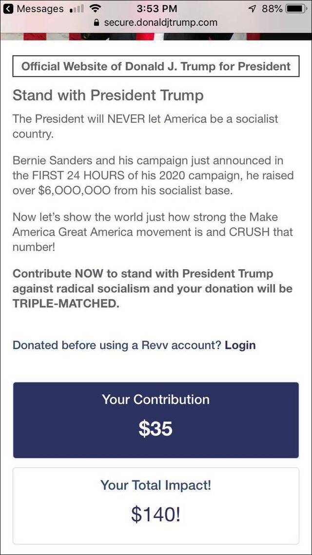 特朗普竞选团队称，每人每次捐35美元，就会有其他支持者出三倍捐款图源：社交媒体