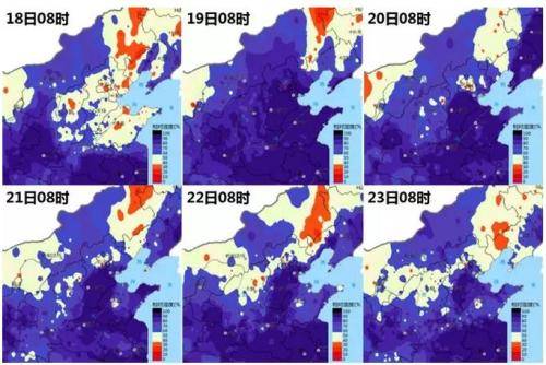 图3：京津冀及周边区域18-23日早08：00相对湿度监测实况插值图。（来源：国家气象信息中心）