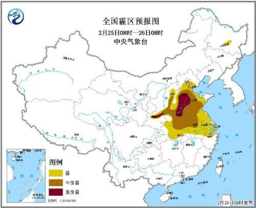 全国霾区预报图（2月25日08时-26日08时）