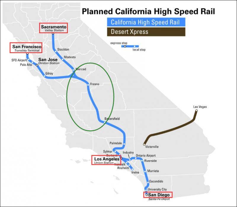 在经过削减之后，加州“高铁”将只剩绿圈中的三站，与海岸和几个大城市都不相连。