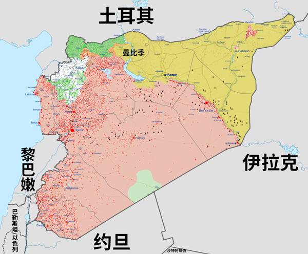 2019年1月叙利亚局势，红色为政府军