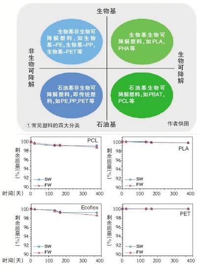 ②由PCL，PLA，Ecoflex和PET制成的塑料薄膜在25℃的人工海水（SW）和淡水（FW）中降解的质量变化。图片来源：《所谓可生物降解聚合物在海水和淡水中的命运》报告