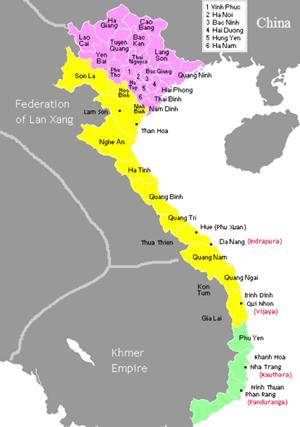 越南黎莫战争时期的各势力，粉红色为莫朝