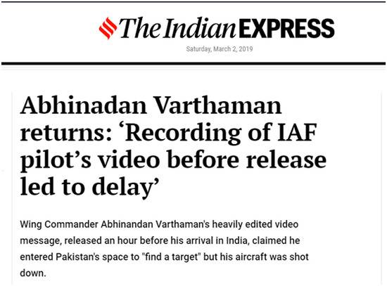 （《印度快报》：阿比纳丹回国，“录制视频导致印度空军飞行员被推迟释放”）
