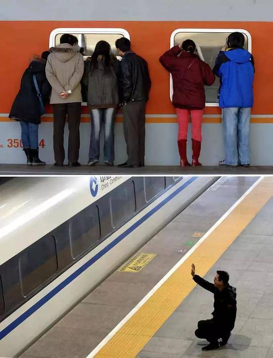 上图：2007年2月3日，北京火车站送行者和亲友隔窗告别。新华社记者李文摄下图：2019年1月21日，石家庄火车站一名男子与家人挥手告别。新华社发（梁子栋摄）
