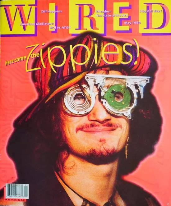 《HereCometheZippies!》封面展示了一个zippies青年的形象————带着笑容，乱糟糟的头发，滑稽的帽子和机械风的眼镜。图片来源