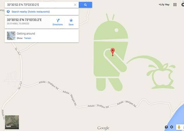 地图中Android绿色机械人，向美国苹果公司的苹果标志撒尿。