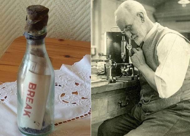 该瓶中信（左图）当年由英国普利茅斯海洋生物协会的会长拜德（右图）投入海中。