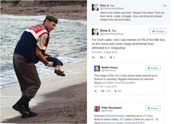 艾兰伏尸沙滩的照片，引起网民（右）热议。图为警员抱走艾兰遗体的一刻。