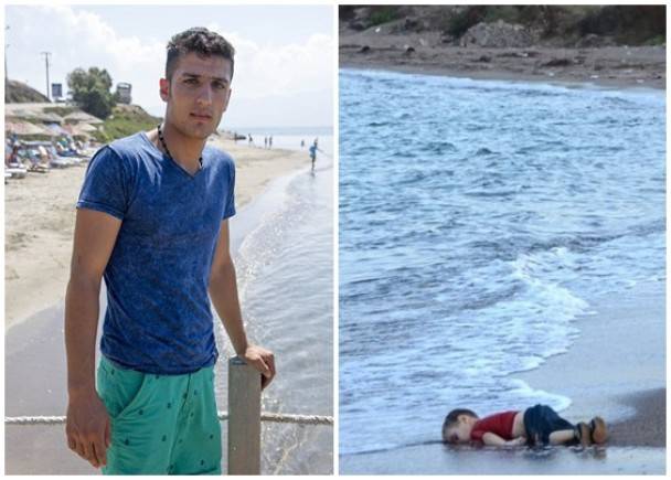 德米尔塔什（左图）为敍利亚3岁难民艾兰（右图）闭上双眼。