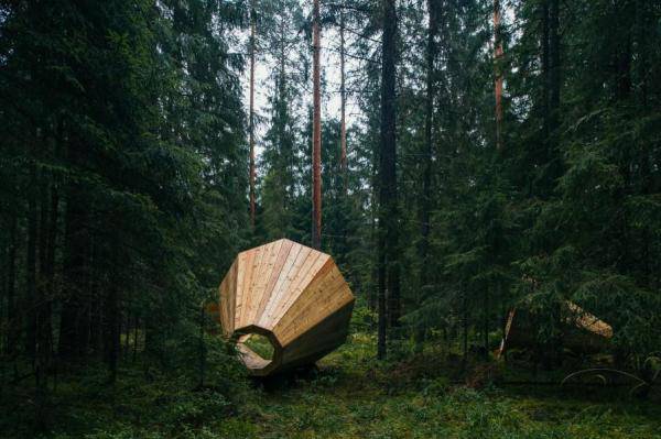 爱沙尼亚森林中摆放巨大木质扩音器让游客可以清晰地欣赏到森林中的自然之音
