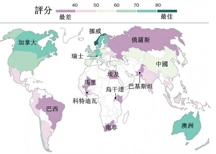 全球最宜青年居住国家分布图