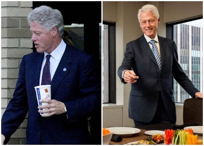 克林顿在任时爱快餐（左），近年变成素食者（右）。