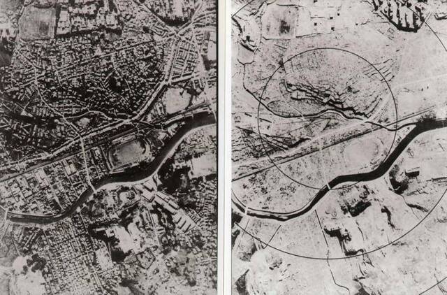 两张空照图显示轰炸前（左）和轰炸后（右）的长崎市。PhotographbyKingendai/Aflo/NipponNews/Corbis