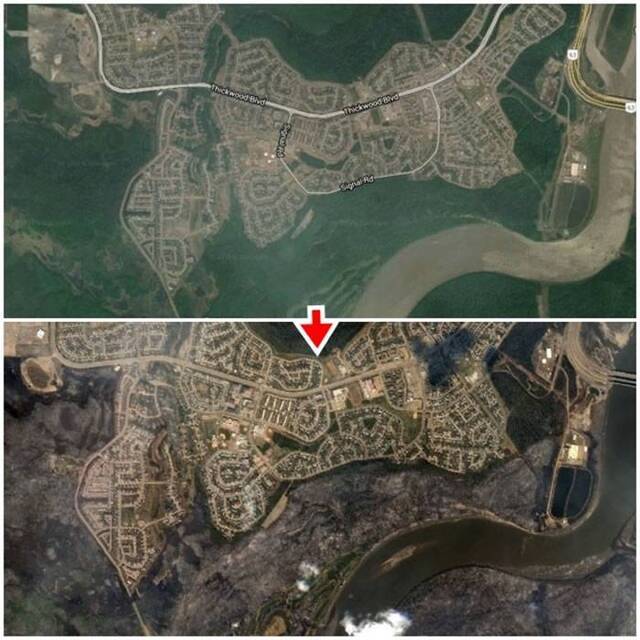 卫星图片显示大火烧毁不少林木地。