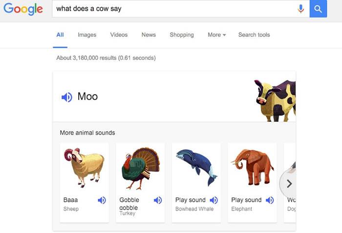 Google隐藏的新功能：只要输入animalnoises、animalsounds就能听到动物叫声