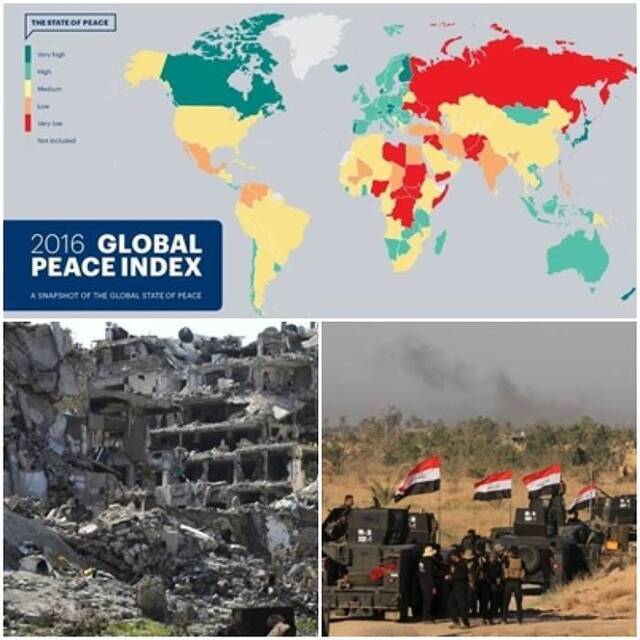 全球和平明显倒退，敍利亚内战（左下图）和伊拉克乱局（右下图）是主要肇因。
