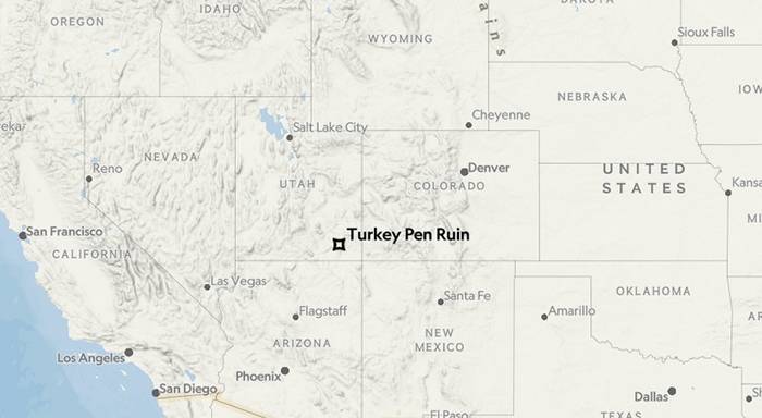 图中星号为火鸡圈废墟（TurkeyPensite）在北美大陆的位置。