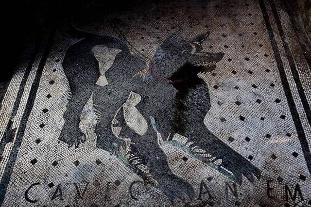 这幅位于庞贝城（Pompeii）一座建筑物入口处的马赛克上标示着「CaveCanem」──拉丁文「小心恶犬」的意思。它在公元79年的维苏威火山（Vesuv