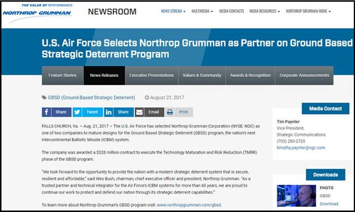 诺格公司在官网上发布签约消息，执行长表示，能为国家提供军事技术感到自豪。