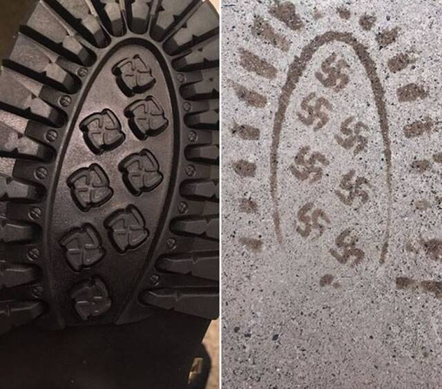 亚马逊网站出售的“北极狐”军用战斗靴鞋底惊见纳粹符号卐美国厂商：中国制造的错