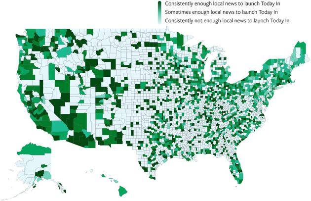 美国不同地区本地新闻在FacebookTodayIn输送情况（颜色越淡，表示当地新闻量越不足）