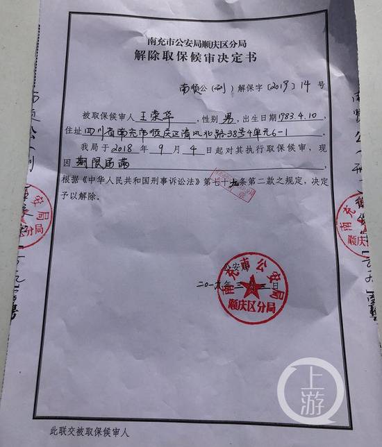 ▲2019年3月3日，王荣华被南充警方解除了取保候审。摄影/上游新闻记者胡磊