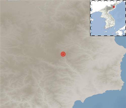 朝鲜发生的地震的位置。（图片来源：韩联社韩国气象厅提供）