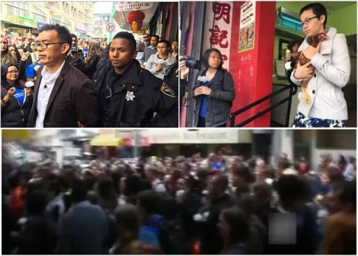 群众包围家禽店“救鸡”（下图），熊伟恒及后被警方拘捕（左图）。