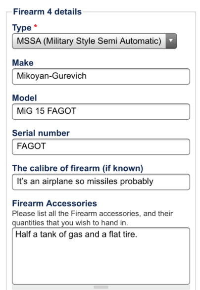（恶作剧爱好者提交的上交枪支申请表格）