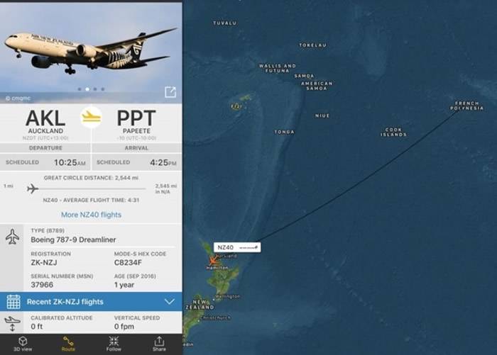 穿越时空的新西兰航空客机之飞行路线图。