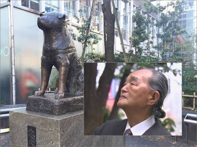 涉谷地标忠犬八公铜像（大图），与雕刻家安藤士（小图）。