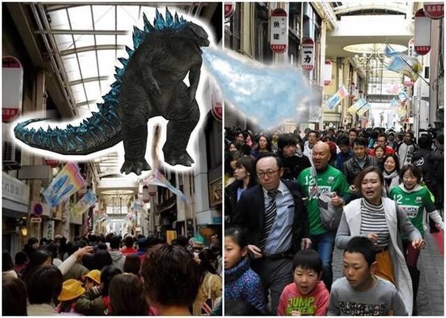 “哥斯拉来啦！”日本岐阜市市民在柳濑商店街狂奔