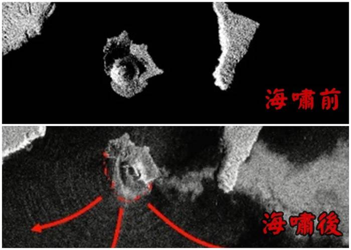 卫星图片显示火山西南面斜坡崩塌（下图）。