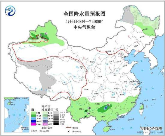 图3全国降水量预报图（4月6日08时-7日08时）