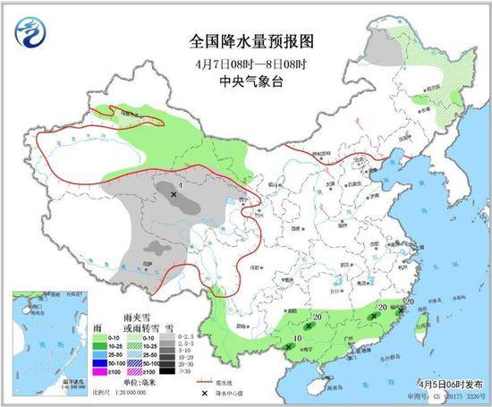 图4全国降水量预报图（4月7日08时-8日08时）