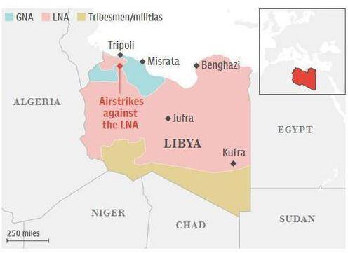 利比亚局势（粉色为“国民军”，浅蓝色为利比亚政府，其余为部落武装）