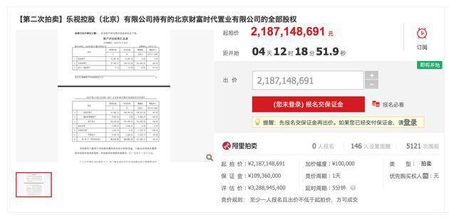乐视控股（北京）有限公司持有的北京财富时代置业有限公司的全部股权将在4月14日10时期开始拍卖