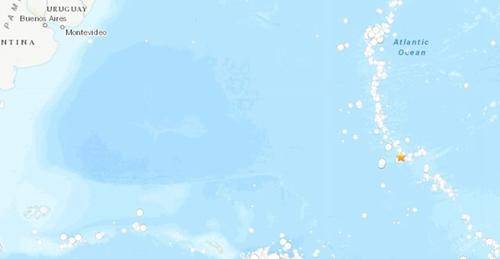 南大西洋中脊海域发生5.0级地震。(图片来源：美国地质勘探局网站截图)