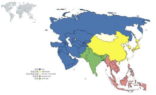 亚洲近视人群分布，黄色为高度近视高发国家和地区图片来源：Theepidemicsofmyopia：Aetiologyandprevention