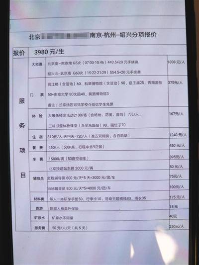 学生家长提供的北京某中学初一年级南方研学游报价明细。新京报记者黄哲程摄